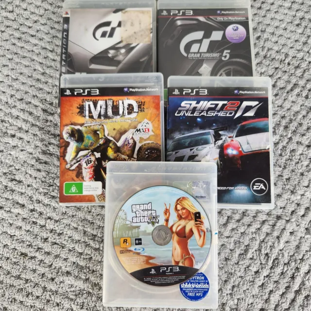 Sony PS3 5x Video Game Bulk Bundle Lot Gran Turismo 5 GTA V Shift 2 Unleased MUD