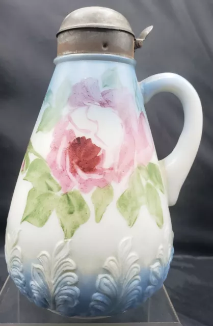 EAPG "Leafy Base" Molasses/Syrup Can Jug Pitcher White Milk Glass & Roses 6.75"H