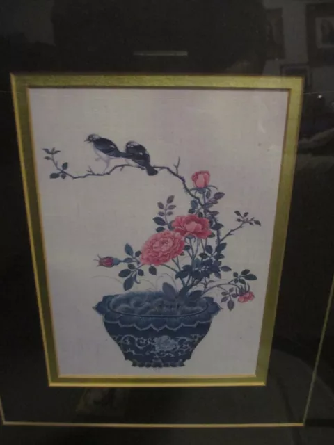 Framed Chinese Print Flowers Pots And Birds 16 1/2 X 18