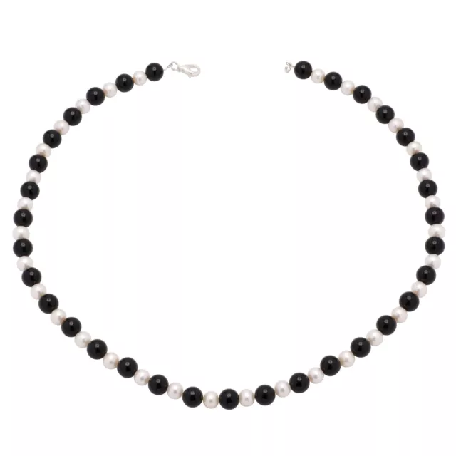 Kette Collier aus Onyx & Süßwasserperlen, 925 Silber, schwarz weiß, für Damen