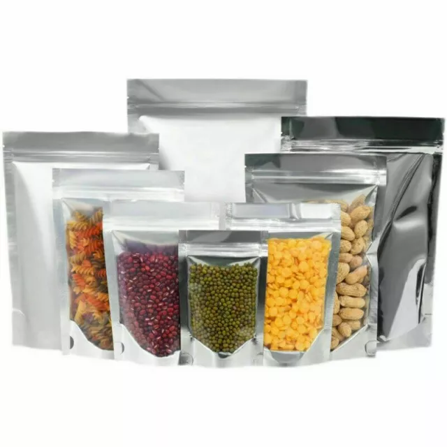 Silver Clear Resealable Stand Up Foil Mylar Zip Lock Heat Seal Food Bags Pouch