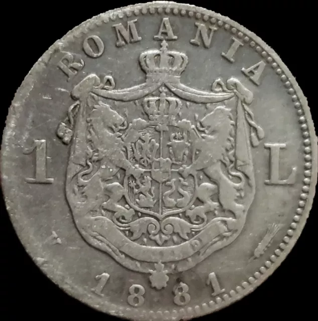 1881 1 Leu Silver.King Carol I Romania.  Scarce