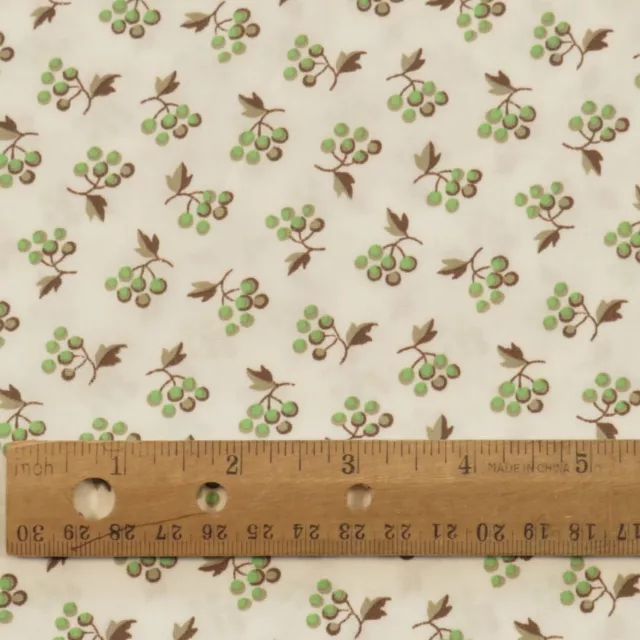 Vintage 1950s Small Print Berries Fabric Green White Cotton BTY