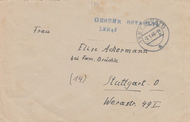 Franz. Zone, ISNY Gebühr bezahlt 12 Rpf.,  2.1.46, frühes Datum !