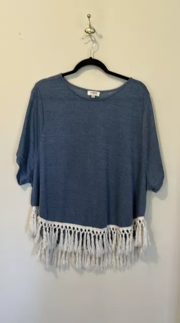 Umgee Women’s Blue Semi Sheer Top Shirt Tunic Fringe Boho High Low Size Large