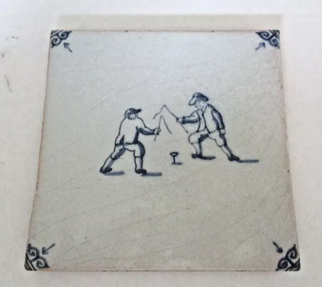 RARE 18th Century Dutch Delft Tile 5.25" Sq. Cup String GAME 2 Male Players WOW!