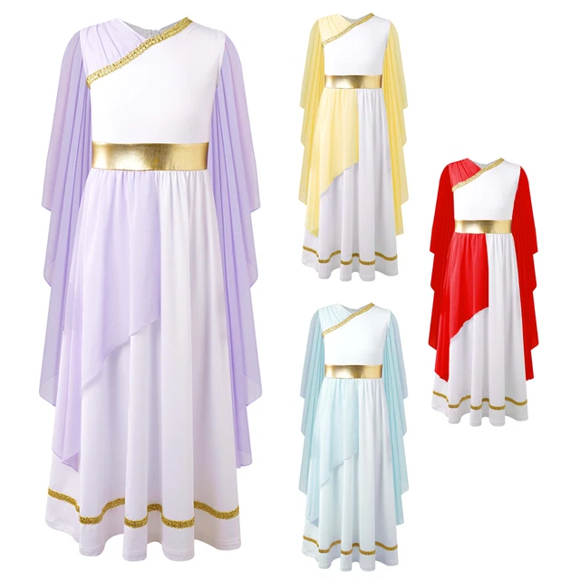 Girls Roman Costume V Neck Gown Dress Ancient Greek Grecian Toga Fancy Dress Up