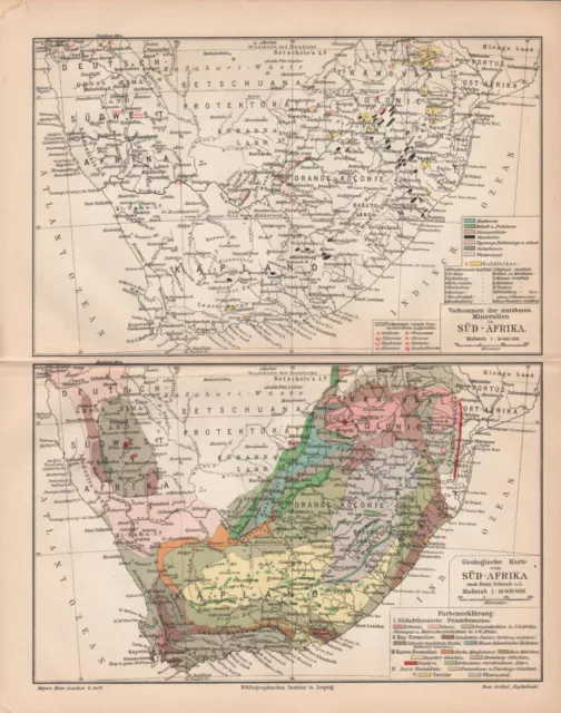 Antique map. GEOLOGICAL & MINERAL MAP OF SOUTH AFRICA. Circa 1905