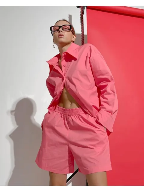 completo donna set maglia t-shirt camicia pantaloni corti slim rosa 72934