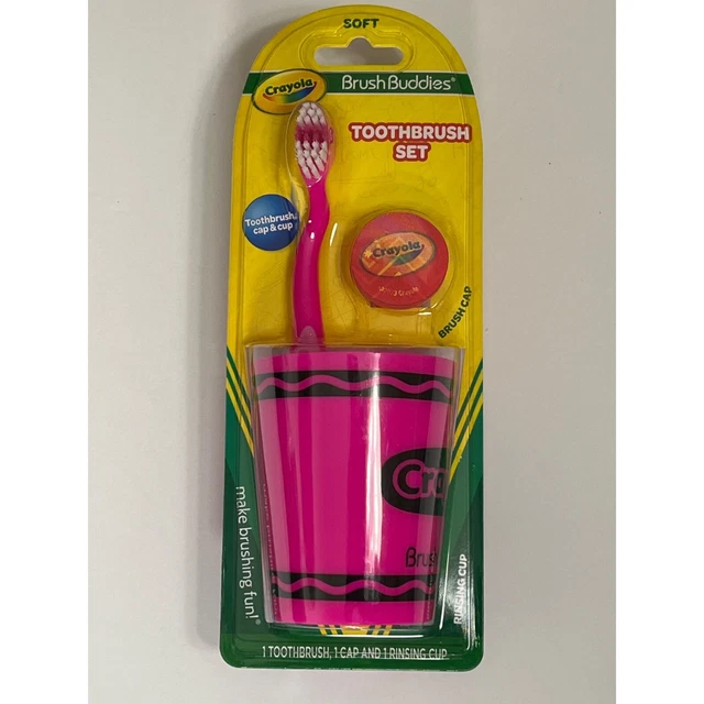 Crayola Toothbrush Set Brush Buddies Cap Rinsing Cup Manual Pink Black Gift Soft