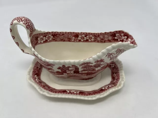 Spodes Tower Pink Gravy Boat & Attached Plate Copeland Spode England 3