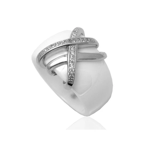 Bague Large Céramique Noire – Croix Zirconium – Argent Massif 925/1000 – Taille 54