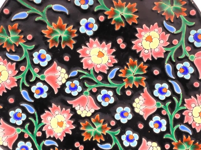 *BELLE ANCIENNE ASSIETTE CERAMIQUE  LONGWY NOIRE FLEURS MULTICOLORES Déco 5670 D 7