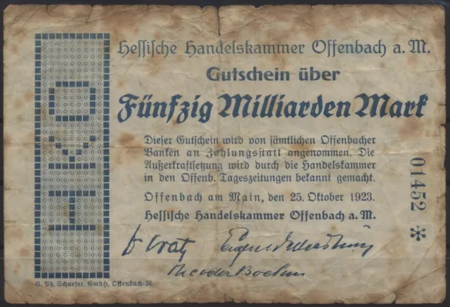 [20720] - NOTGELD OFFENBACH, Hessische Handelskammer, 50 Milliarden Mark, 25.10.