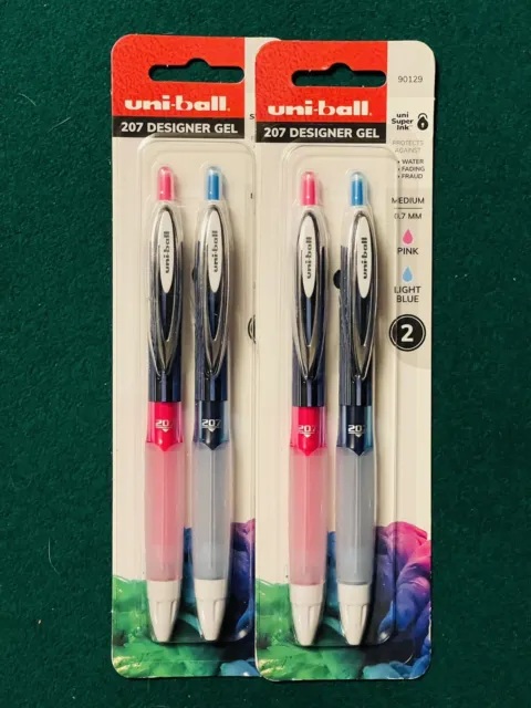 Uni-ball 2 pack 207 Designer Gel Pens Pink & Blue Ink 0.7mm 4 Count 90129 NEW