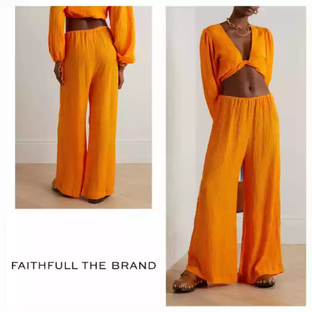 NWT Faithfull the Brand Rupina Crinkle Linen Blend Pants Sz. 2 [XS] Tangerine