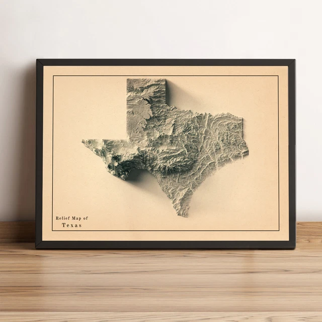 Texas Map, Texas 2D Relief Map, Texas Vintage Map - 2D Flat Print
