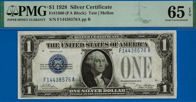 ✅Near TOP POP - 1928 $1 S/C (( 3rd Finest 🔴 FA Block )) PMG 65EPQ # F14438576A 2