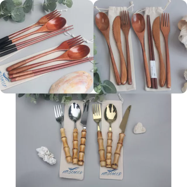 Reusable Wooden Bamboo Cutlery Set Knife Fork Spoon Chopsticks In Pouch Ramen