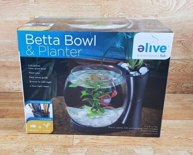 Elive Betta Fish Bowl & Planter Set Up Tank Kit Black .75 Gallon LED Light Timer
