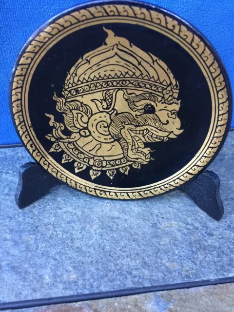 Antique Thailand GOLD Komodo Dragon Mask Wooden Plate & Stand Set UNIQUE RARE 2