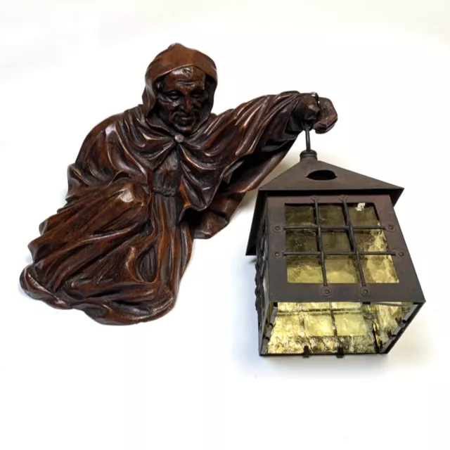 Antique French Hand Carved Wooden Sconce Lantern, Amber Glass, Monk, Carving