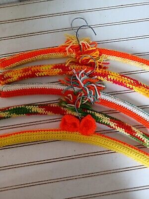4 Vintage Old  Hand Crocheted / Knitted Wooden Coat Hangers Multicolor Orange