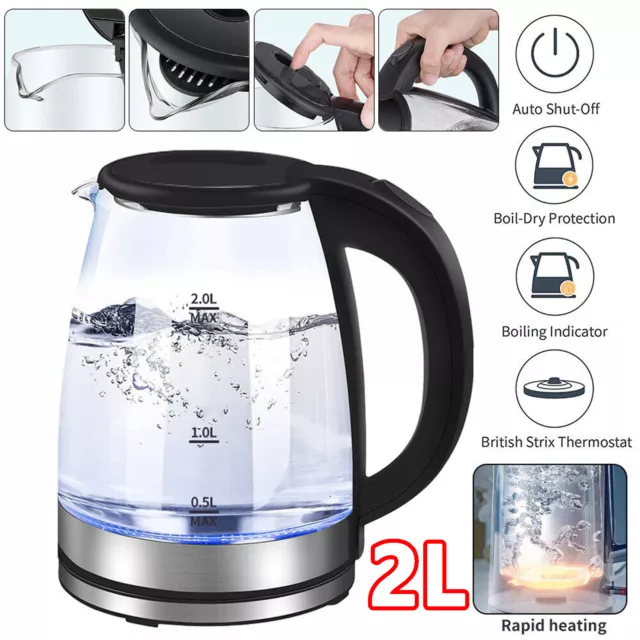 Electric Kettle 2L Fast Boil Quiet Glass Kettle 360 Blue LED Boil-Dry Protection