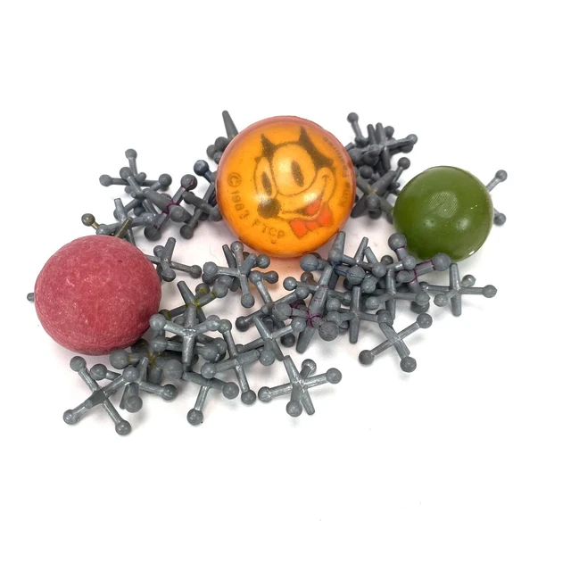 VTG 1983 FELIX The Cat Rubber Bouncy Ball + 40 Old Jacks + 2 Rubber