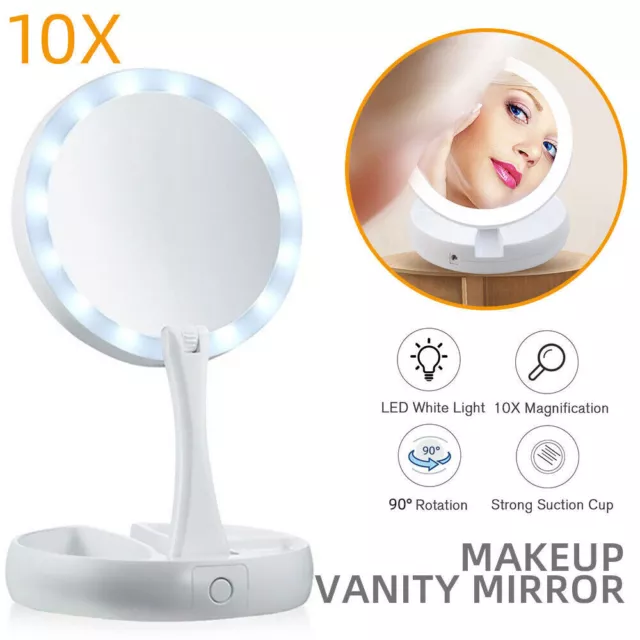 1X 10X Double Sided Magnifying Mirror LED Lighted Foldable Makeup Mirror Travel