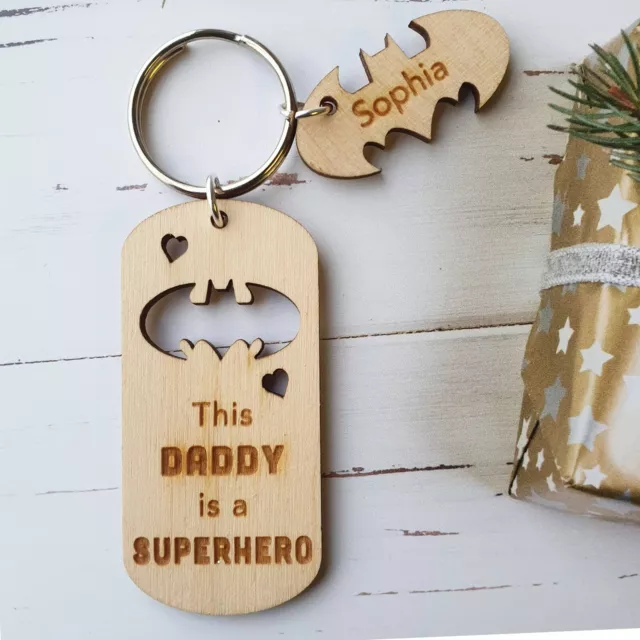 Personalised Wooden Keyring Father's Day Gift Daddy is a Hero Batman Dad PLY