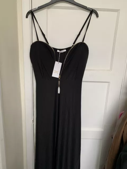 Black Maxi Party Dress Slinky Strappy Zip Detail Evening  8 10 12 New (rl)