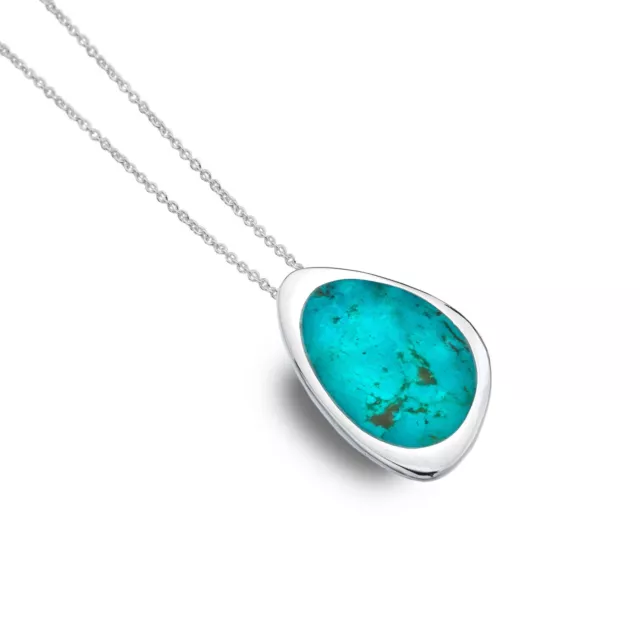 Turquoise Pendentif Argent Solide 925 Poinçonnée Vrai Pierre Tout Chaîne Longue