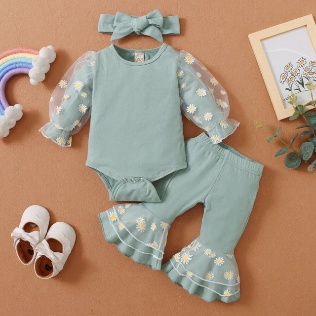 Set abiti body neonate bambine pantaloni romper floreale fascia alta 3