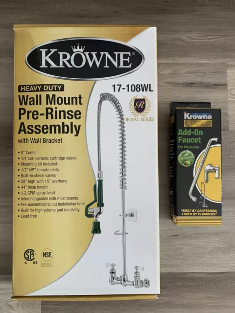 Krowne 17-109WL 8" Center Wall Mount Pre-Rinse with 6" Spout Add-On Faucet