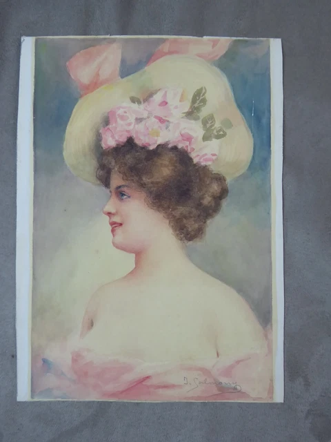 BELLE PETITE AQUARELLE, signée J. Salmony. LA FEMME AU CHAPEAU.