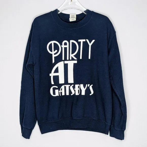 Vintage Navy Blue Party At Gatsby's Gildan Crewneck Sweatshirt Size S