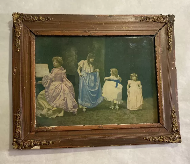 Antique 19th century hand painted photo wooden frame Women Children Dance Party