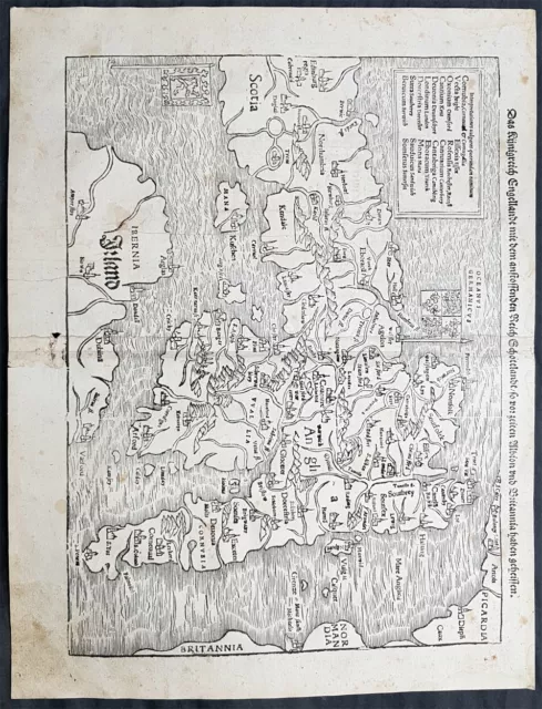 1560 Sebastian Munster Antique Map of England Wales Parts Scotland, Ireland, 1st