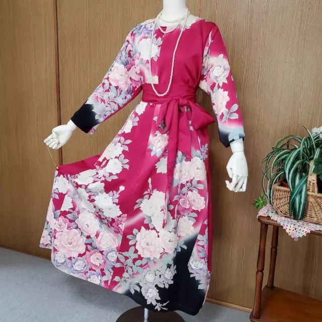 Japanese Kimono Remake Furisode, Long Dress with Silk Ribbon F/S from Japan