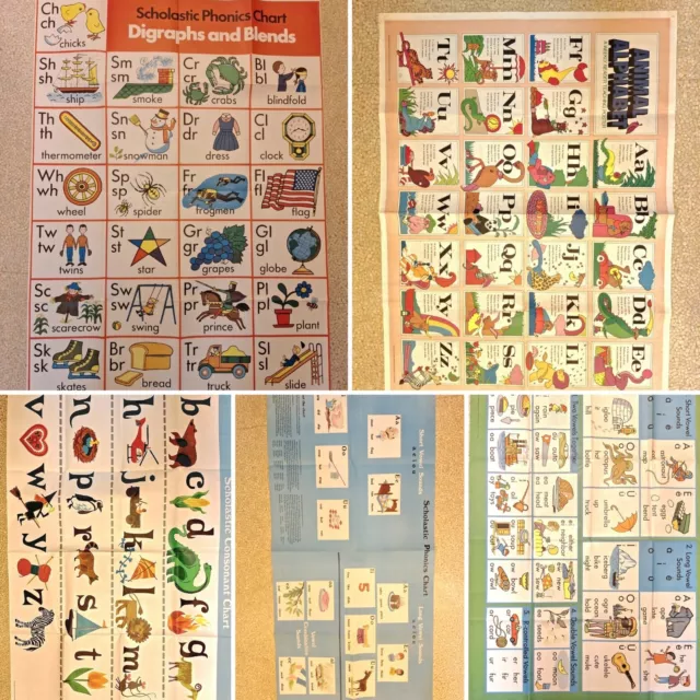 Vintage Scholastic ABC Alphabet Chart Poster Phonics Consonant Animal Set Of 5