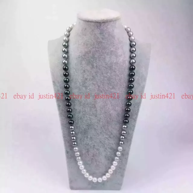 Genuine 8/10/12mm Black White Gray South Sea Shell Pearl Round Beads Necklace