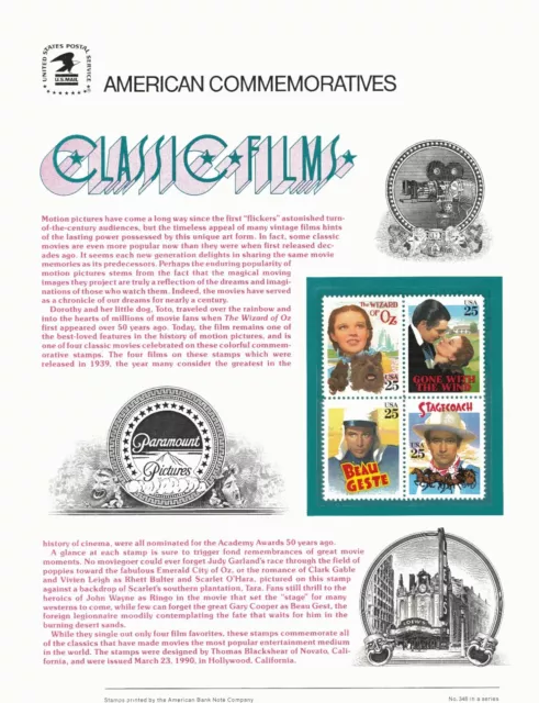 #348 25c Classic Films #2445 -2448 1990 USPS COMMEMORATIVE STAMP PANEL