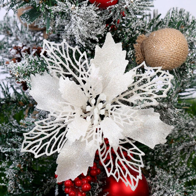 10X Christmas Large 14cm Poinsettia Glitter Flower Tree Hanging Party Xmas Decor