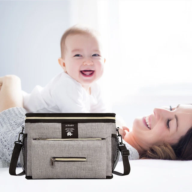 Bolso para cochecito de bebé bolsa de almacenamiento de pañales multicapa bolsa de cochecito con cremallera (gris)