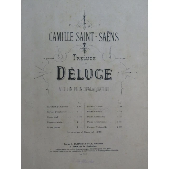SAINT-SAËNS Camille Le Déluge Prélude Violon Piano Orgue ca1900