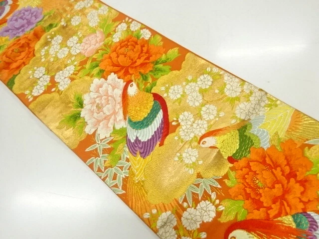 47985# Japanese Kimono / Fukuro Obi / Woven Flower & Bird