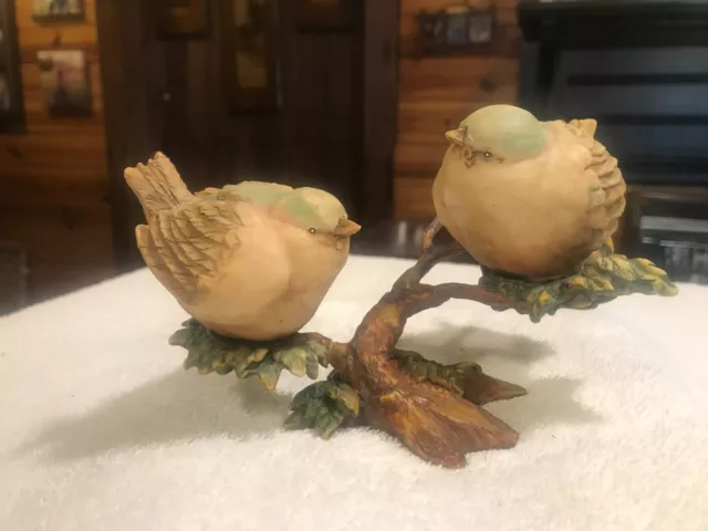 LOVELY PAIR of BLUE BIRDS FIGURINE SITTING ON TREE BRANCH  - 6" WIDE  VINTAGE