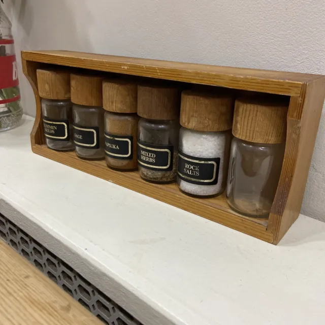 7 Piece Buyrights Vintage Wooden Herb Spice Rack & Glass Jars Wth Wooden Lids