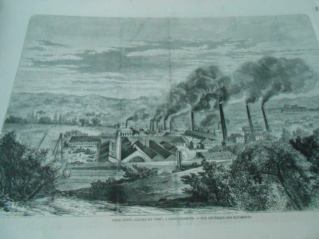 Gravure 1862 - Usine Pétin Gaudet à Saint Chamond vue générale des batiments